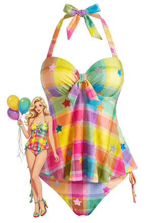 [Prévente] à Carreaux Étoile Dos-Nu Tankini Ensemble Rainbow Années 1970