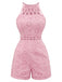 Combishort Halter Col Rond Floral Ajouré Années 70