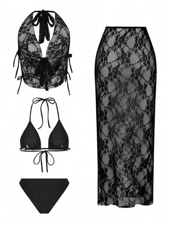 4PCS Uni Ensemble Bikini & Dentelle Cache Maillot Années 1980 2