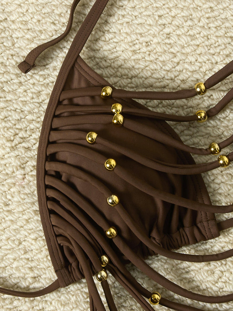 Ensemble Bikini Halter Lacé à Perles Métalliques Années 80