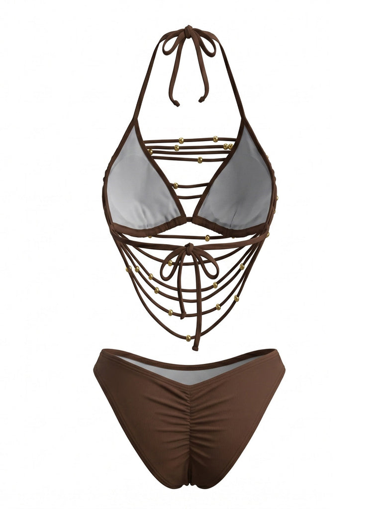 Ensemble Bikini Halter Lacé à Perles Métalliques Années 80