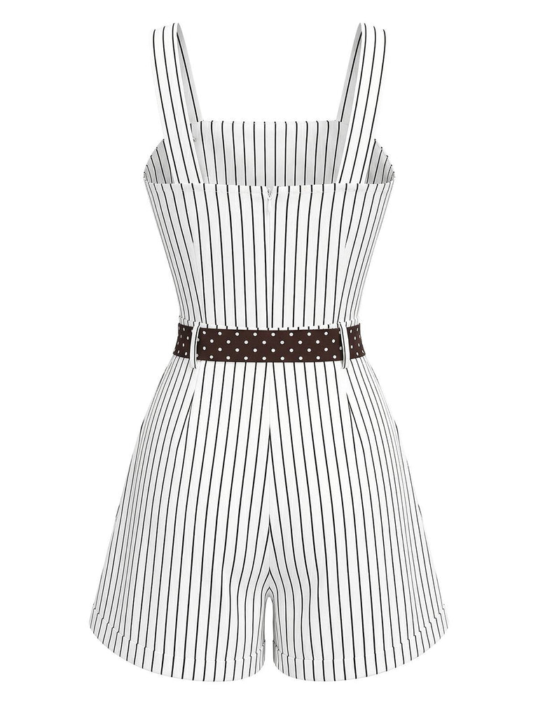 1980s belted sleeveless romper featuring pinstripe and polka dot pattern for retro summer styling