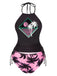Ensemble tankini rose à imprimé squelette punk années 1980