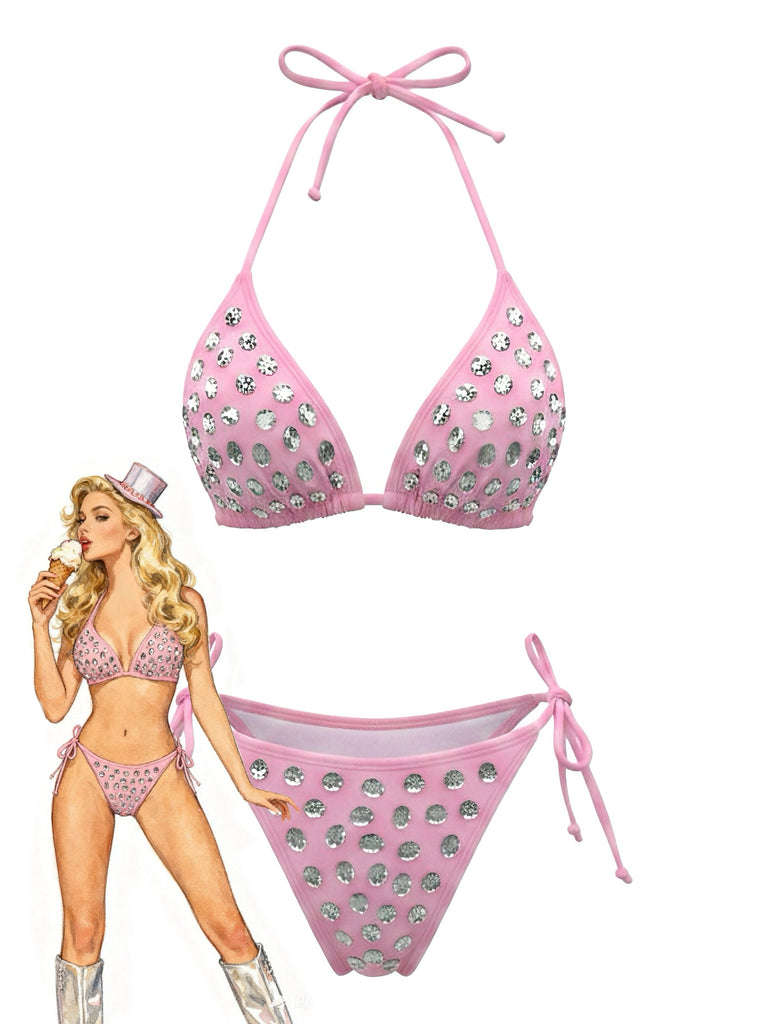Ensemble Bikini Triangle Halter Strass Années 80