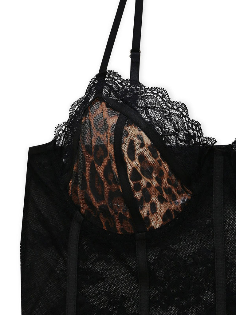 Detail: 1980s Leopard Lace Bodysuit with Apron Lingerie Set, elegant vintage style, perfect for vintage fashion lovers