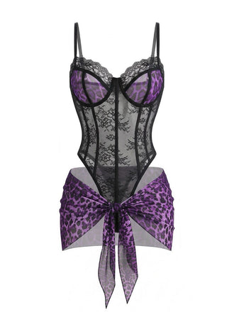 Front: 1980s Leopard Lace Bodysuit with Apron Lingerie Set, retro fashion design, perfect for vintage fashion lovers