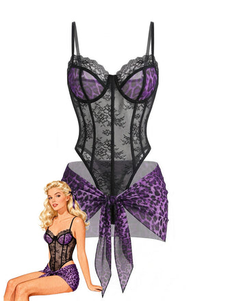 Front: 1980s Leopard Lace Bodysuit with Apron Lingerie Set, retro fashion design, perfect for vintage fashion lovers