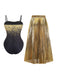 Black swimsuit with gold glitter and a gold pleated skirt on a white background