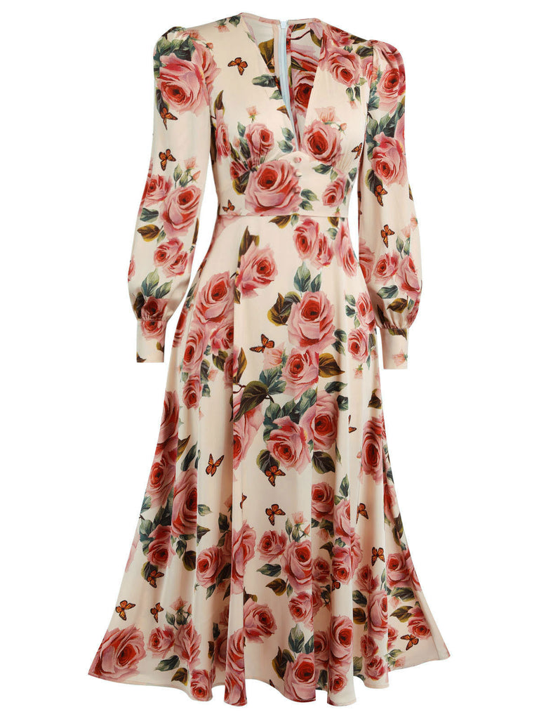 Robe à manches bouffantes à col en V et roses des années 1950