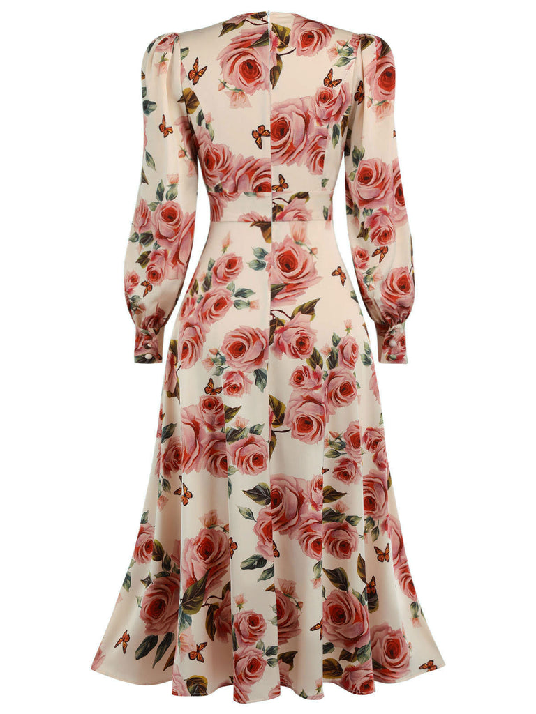 Robe à manches bouffantes à col en V et roses des années 1950