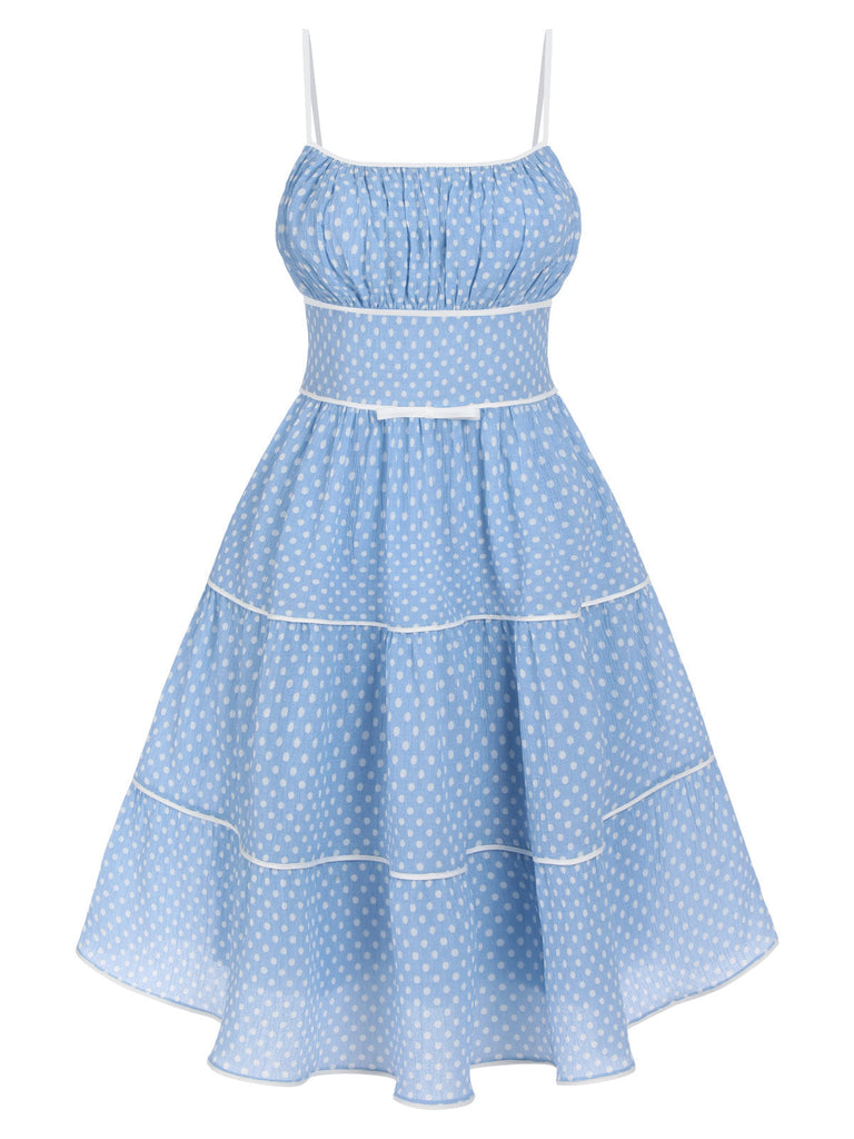 Robe Trapèze Bleu Ciel à Pois et Bretelles Années 1950 Cocktail