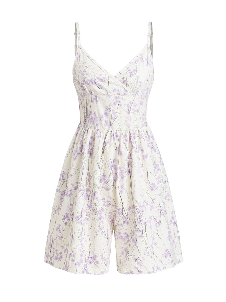 Combishort bretelles spaghetti violette floral années 1970