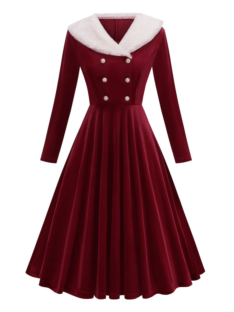 Robe rouge en velours col en fourrure et perles style Père Noël des années 1950