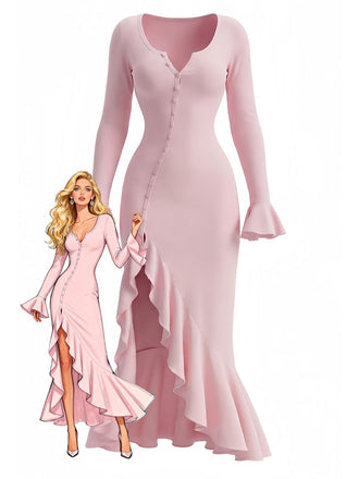 Robe sirène à volants boutons et fente latérale des années 1930