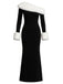 Robe maxi noire à une épaule et bordure en fourrure années 1980