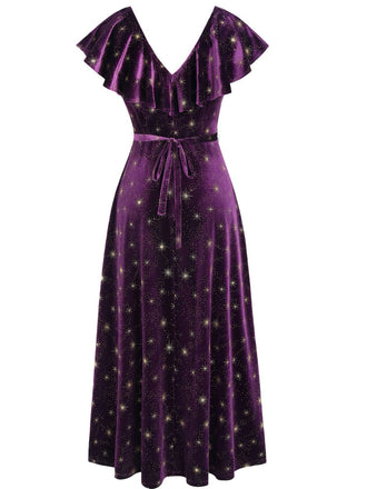 Robe à volants en velours col en V et étoiles violet des années 40