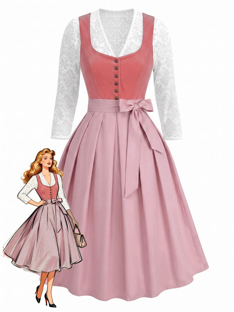 Robe en velours rose décolleté cœur tablier et haut en dentelle années 50