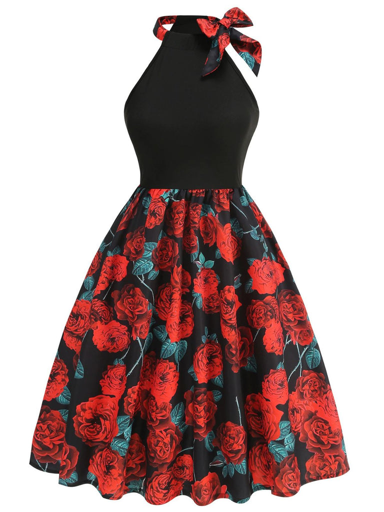 Robe dos nu patchwork col rond et nœud roses rouges des années 1950