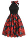 Robe dos nu patchwork col rond et nœud roses rouges des années 1950