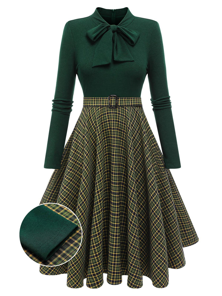 Robe en tricot à carreaux vert foncé des années 1950 Cocktail Chic