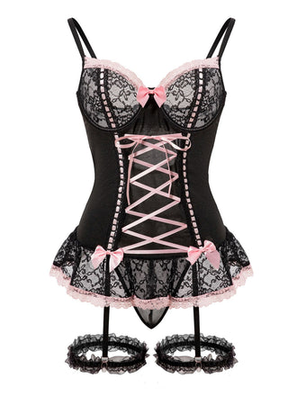 Ensemble de lingerie lacets et nœud en dentelle contrastée années 1970