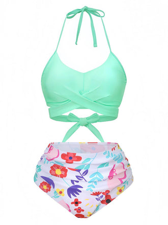 Maillot de bain bikini taille haute à fleurs vert menthe années 1940