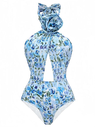 Maillot de bain dos nu creux bleu imprimé floral 3D roses années 1930