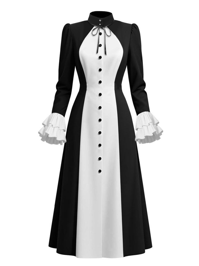 [Prévente] Robe à volants contrastés noir et blanc style nonne des années 1940