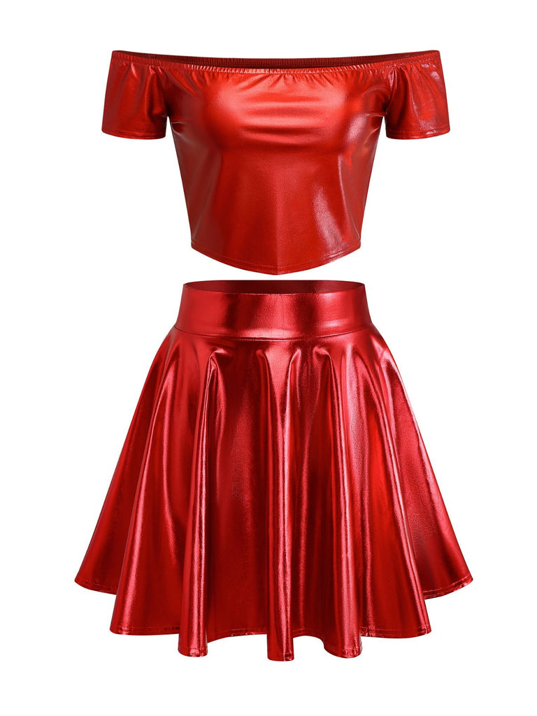 2PCS Haut disco métallisé à épaules dénudées et jupe plissée années 70