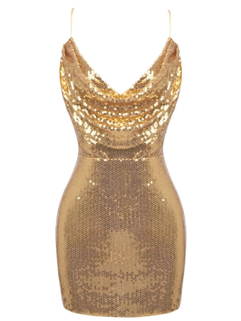 Robe de soirée courte à paillettes dorées années 1970