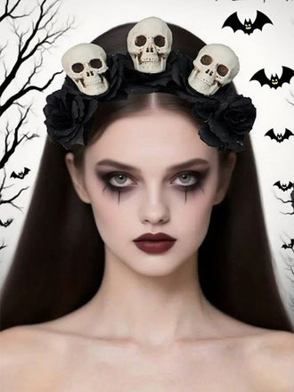 Serre-tête noir Halloween avec tête de mort et roses