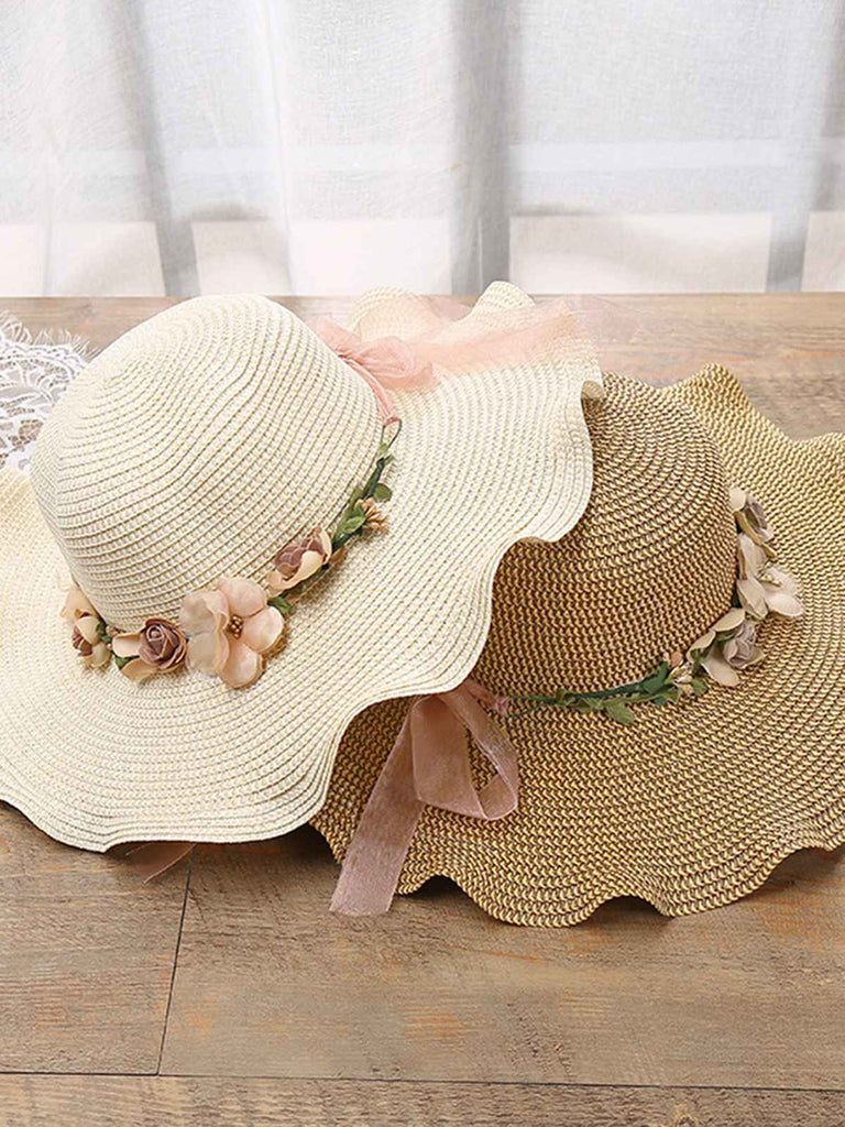 Chapeau soleil vintage raphia franges floral 3D