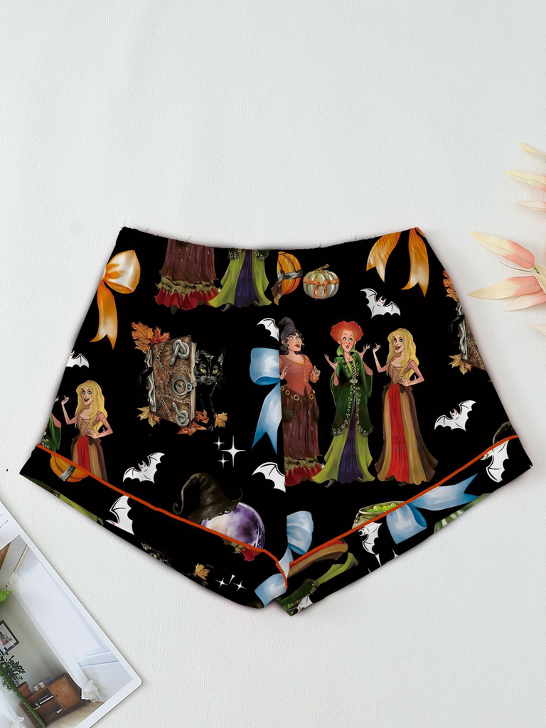 Ensemble de pyjama en satin imprimé sorcière Halloween des années 1970