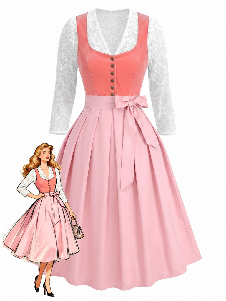 Robe en Velours à Col Cœur et Tablier et Top en Dentelle Rose Années 1950