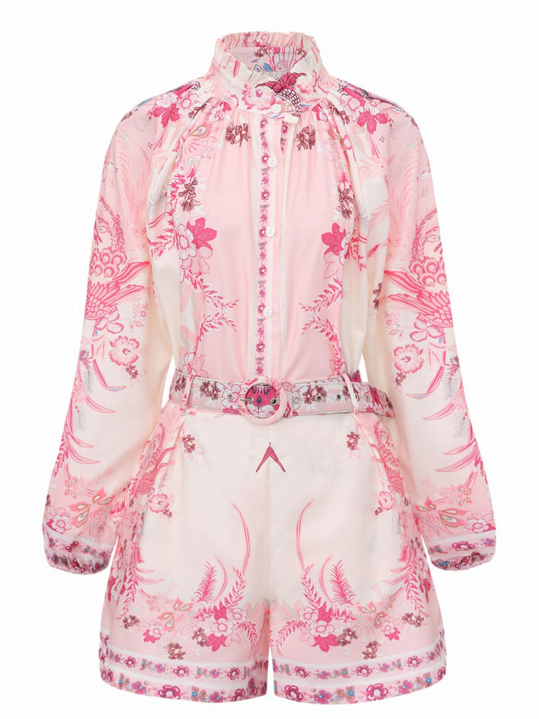 2PCS Chemisier fleuri bohème rose et short taille haute années 1970