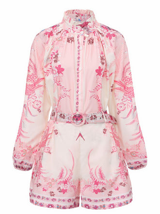 2PCS Chemisier fleuri bohème rose et short taille haute années 1970