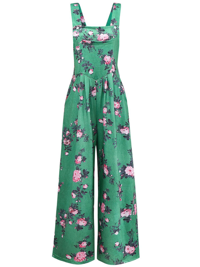 Combinaison pantalon large à imprimé floral vert années 1940