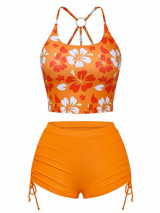 Ensemble bikini dos nu fleurs orange 1960s