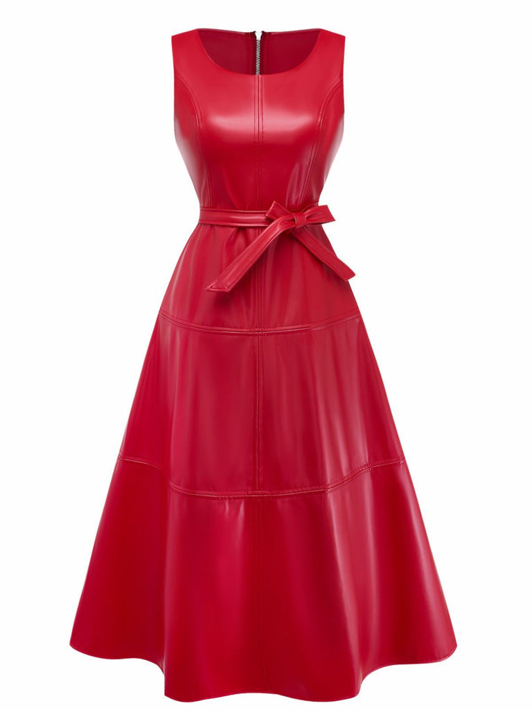 Robe trapèze sans manches en cuir uni années 1980