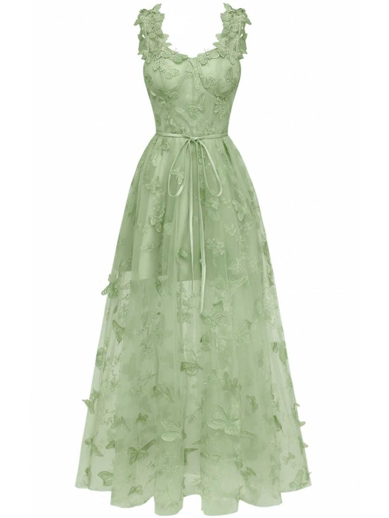 Robe Maxi Bretelles Épaghetti Papillons 3D Maille Années 1930