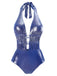 Maillot de bain une pièce bleu perle à bretelles et à paillettes années 1970
