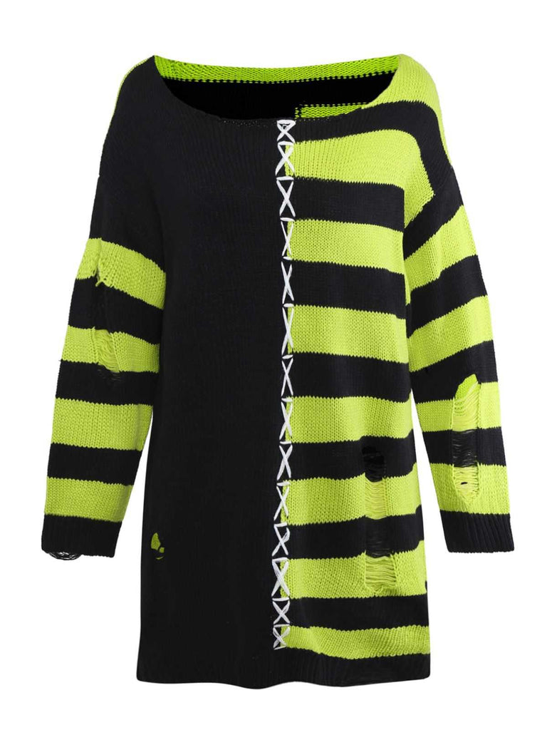Pull rayé à lacets en maille vieillie pour Halloween des années 1980
