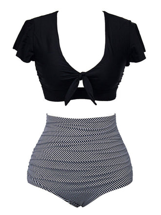 [Grande Taille] Maillot de bain noir manches volantées rayures avec nœud années 1950