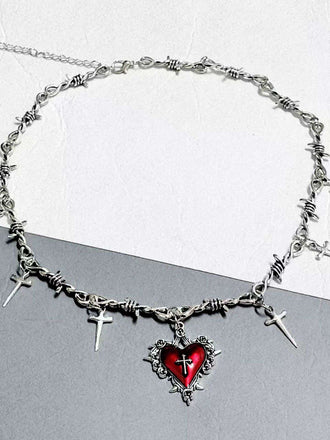 Collier croix cœur vin rouge vintage