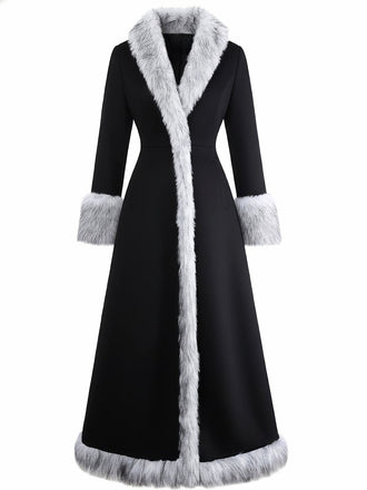 Manteau long noire à bordure en fausse fourrure années 1930
