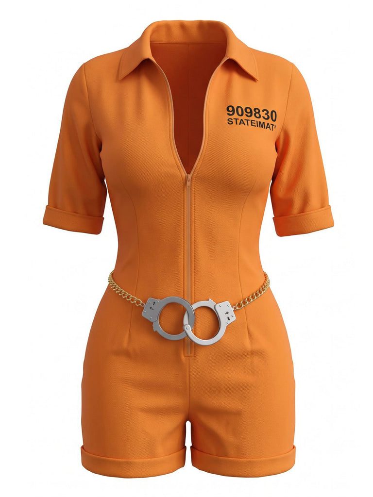 Combishort orange de prisonnier à fermeture éclair devant Années 1980 - 1