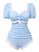 Maillot de bain une pièce bleu à volants et petites fleurs des années 1940