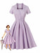 Robe Évasée Boutonnée Col Carré À Carreaux Violette Année 1950