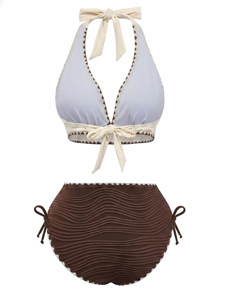 Ensemble bikini côtelé beige et marron dos nu et taille haute années 50