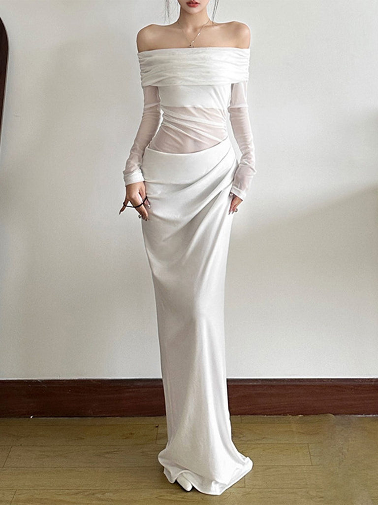 Robe transparente unie à épaules dénudées en résille ajourée années 1980